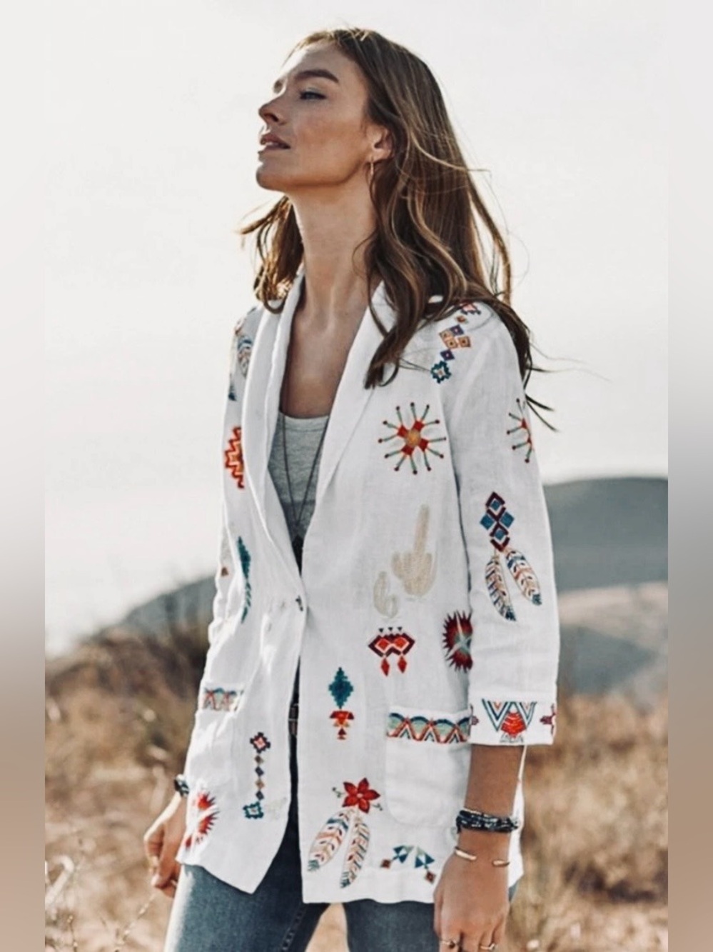 Johnny Was Saguaro Embroidered White Linen Southwest Shawl Collar Jacket M
